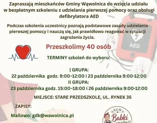 Bezpłatne szkolenie z pierwszej pomocy i obsługi AED w Wąwolnicy – trwają zapisy