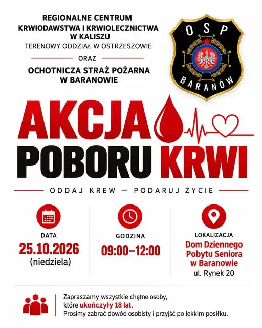 Baranów: akcja poboru krwi w niedzielę 25 października