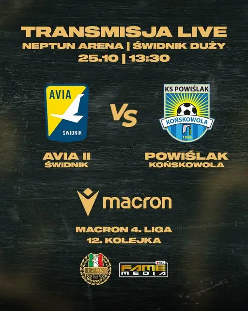 Transmisja na żywo z Neptun Areny: Avia II Świdnik kontra Powiślak Końskowola