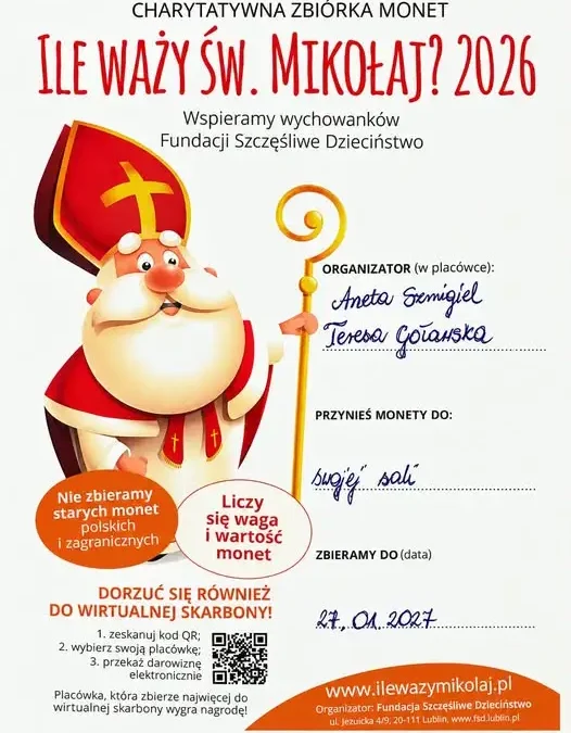 Szkolna akcja charytatywna „Ile waży Święty Mikołaj” – zbieramy monety dla Fundacji Szczęśliwe Dzieciństwo