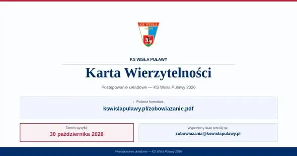 KS Wisła Puławy apeluje do wierzycieli. Termin składania Kart Wierzytelności mija 30 października